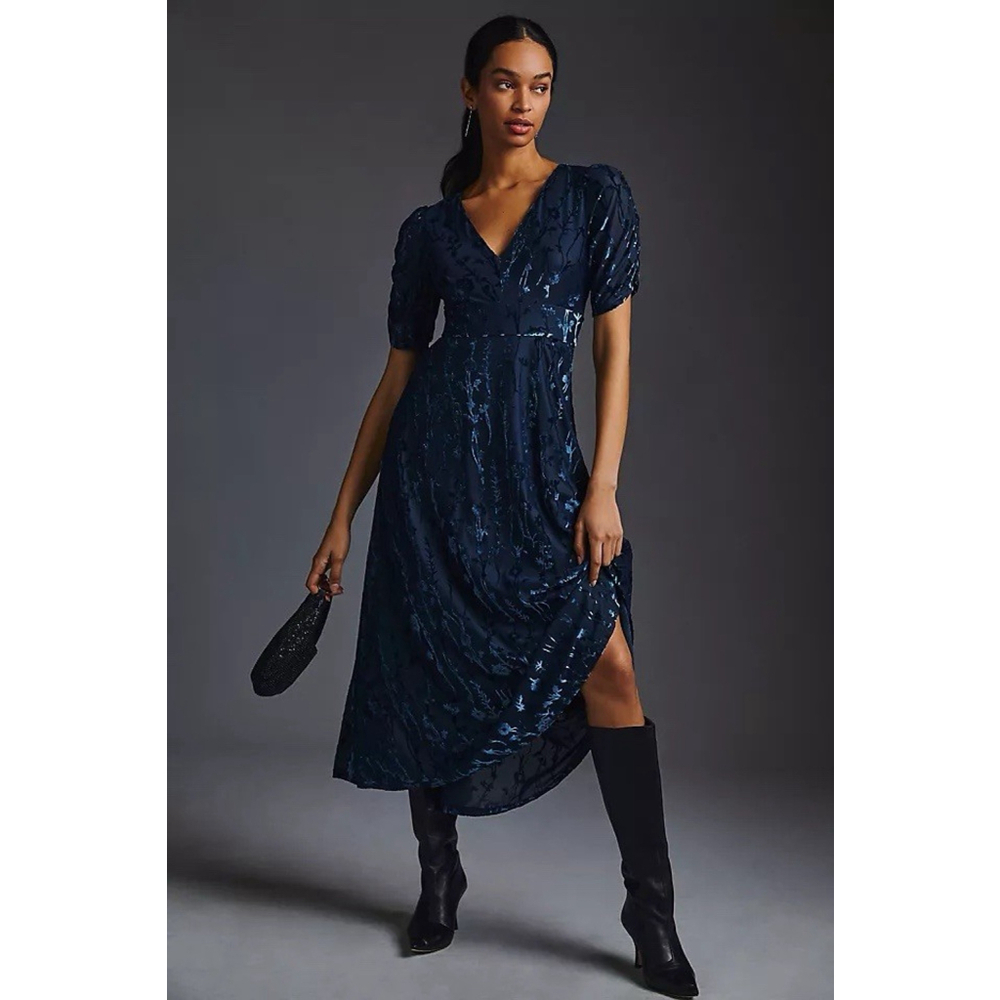 Hutch Anthropologie Navy Blue Floral Burnout Maxi Dress Puff Sleeve Size 0 NWOT